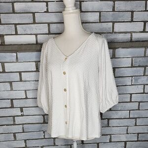 W5 Women's 3/4 Sleeve Textured Button-Up Blouse Size Medium Ivory